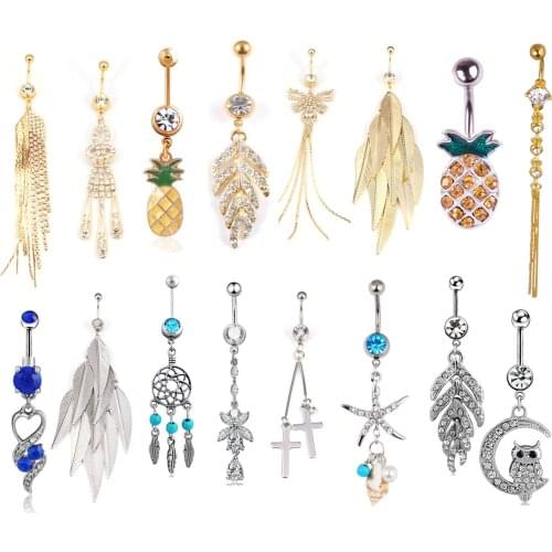1PC 14G Body Piercing Jewelry Navel Piercing Pineapple Leaf Heart Dangle Belly Button Ring For Women