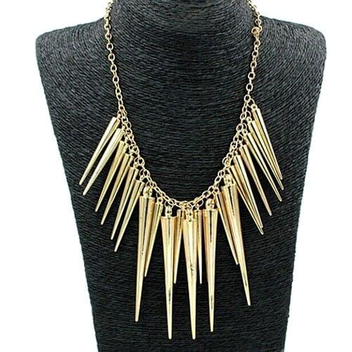 Womens Multilayer Spike Rivet Tassels Chain Bib Statement Necklace Punk