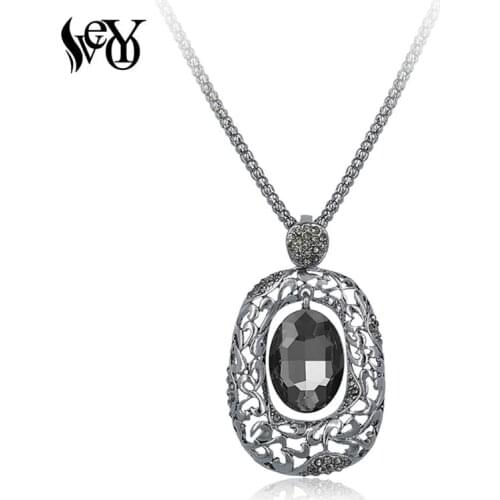 VEYO Luxury Hollow Crystal Pendant Necklace for Woman Square Long Chain Necklace High Quality