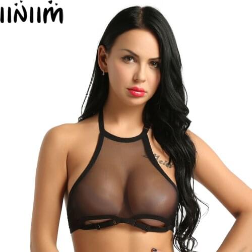 Womens Mesh See Through Transparent Sheer Lingerie Backless Hollow Out Cups Wire-free Unlined Bedtime Exotic Tank Bra Top