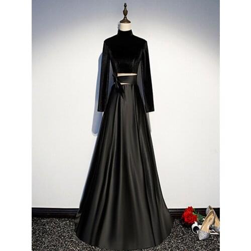 2020 Vestido De Festa High Neck Black Evening Dresses Long Dress Newest Long Sleeve A-line Evening Dress Elegant Robe De Soiree