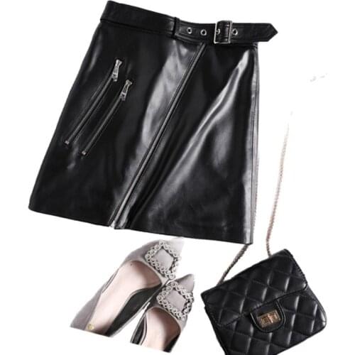 3866 Genuine Leather Hip Skirt High Waist Slim New Style Zipper A- Line Sheepskin Leather Skirt