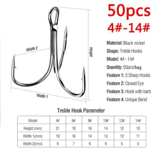50PCS/lot 4/6/8/10/12/14# Fishhook Carbon Steel Fishing Hook Triple Inverted Hooks Fishing Tackle Round Dend Triple Sea Bass