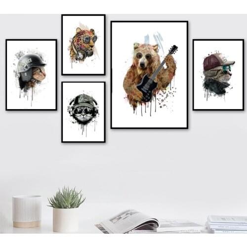 Abstract Cartoon Bear Leopard Cat Guitar Music Wall Art Canvas Painting Nordic Posters And Print Animal Pictures Kids Room Decor