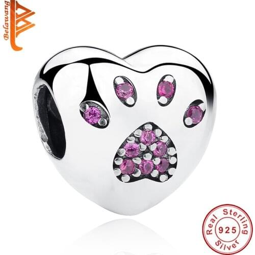 BELAWANG 925 Sterling Silver Bead Charm European Love Heart Paw Print Bead Fit Original BW Bracelet Necklace DIY Jewelry