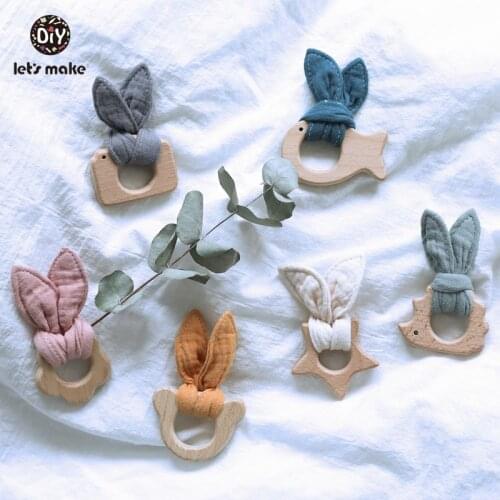 Lets Make Baby Teether Beech Wooden Teething Toys Cotton Bunny Ear Newborn Products Bpa Free Wood Animal Bear Hedgehog Teethers