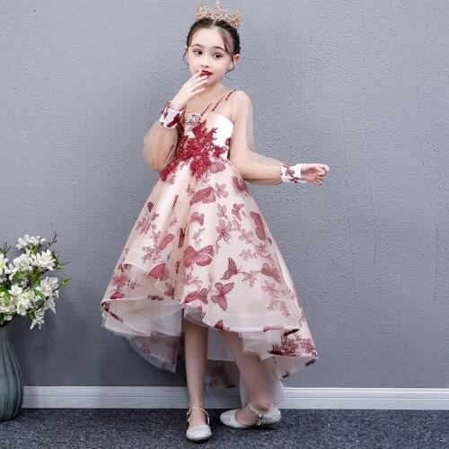 Flower Girl Dresses Illusion O-Neck Sequined Princess Knee-Length Tulle Lace Full Beading Embroidery Pleat Kids Party Gown H244