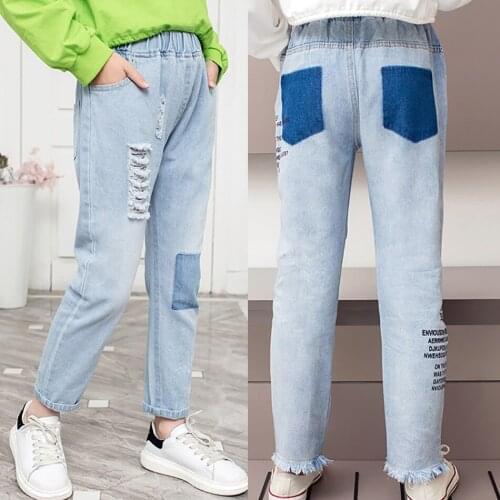 Girls Jeans Spring Cowboy Stretchy Soft Denim Pants Kids Trousers Big Hole Toldder Ripped Trousers Kids Clothing JYF
