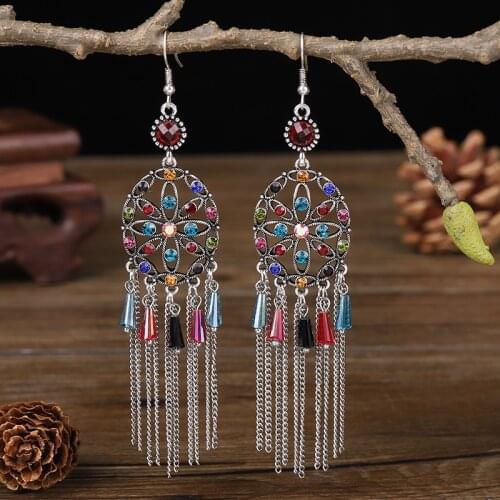 Elegant Womens Round Flower Crystal Earrings Bollywood Bohemia Long Chain Tassel Wedding Earrings Hangers
