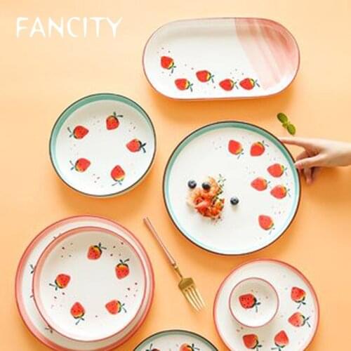 FANCITYEuropean strawberry underglaze creative cute girl dishes household dishes ceramic dishes bowls dishes western steak