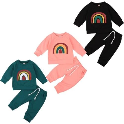 FOCUSNORM 0-3Y Autumn Infant Baby Girls Boys Clothes Sets Rainbow Print Long Sleeve Pullover Sweatshirt Tops Pants 3 Colors