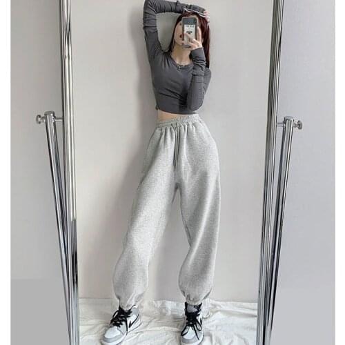 HOUZHOU Casual Gray Sweatpants Women Winter Thick Jogging Korean Fashion Loose Balck Tracksuit Sports Pants Female Joggers