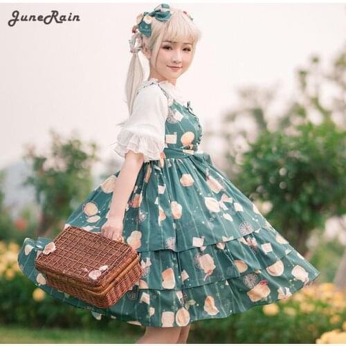 JuneRain Lemon Printed Women Kawaii Harajuku Strap Dress Japanese Lolita Jsk Female Summer Clothes Yellow Green Lolita Dress