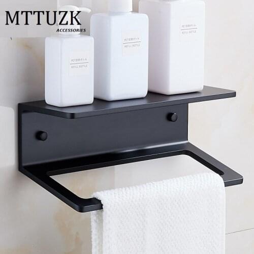 Black Solid Aluminum Towel Ring with Shelf Towel Rack Hanging Holder Wall Mounted Creative Towel Bar Bathroom Accessories