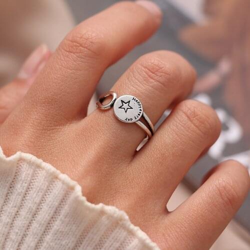 UMKA Retro Star Sliver Color Rings Hollow Out Pattern Design Finger Rings Adjustable Size Jewelry