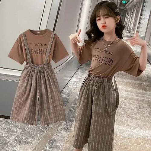 Girls Clothes Set 2021 Teen New British wind Casual Vest and Overalls Wide Leg Pants Fashion Children Two Piece Suit