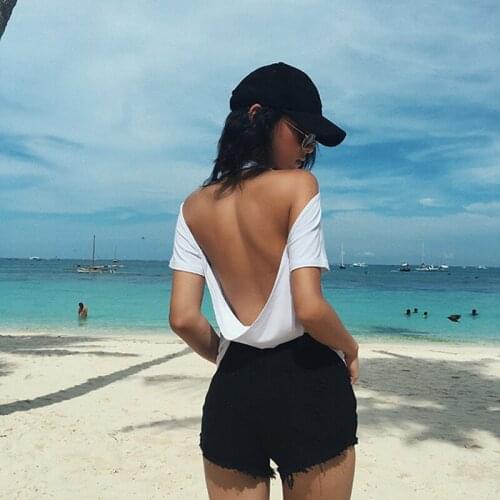 Summer Women Sexy Open Back T-shirt Short Sleeve Tee with Open Back Sexy Women Backless Loose Short Sleeve Top Tees