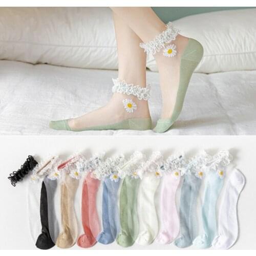 Small Daisy Crystal Crew Socks Clear Short Lace Socks Women Silk Socks Korean Style Summer Thin Transparent Glass Silk Socks