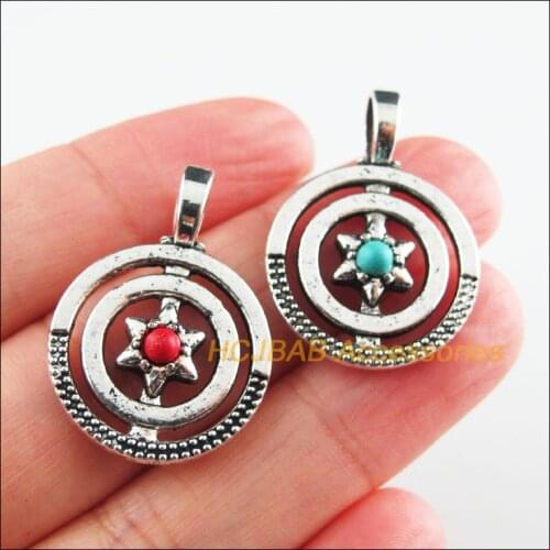 Fashion 12Pcs New Circle Charms Tibetan Silver Tone Red & Blue Stone Star Pendants 21x29mm