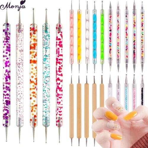 Monja 5pcs/set Double Head Manicure Brush Acrylic Gel Engraving Pen Rhinestone Beads Decorative Delicate Nail Art Tools