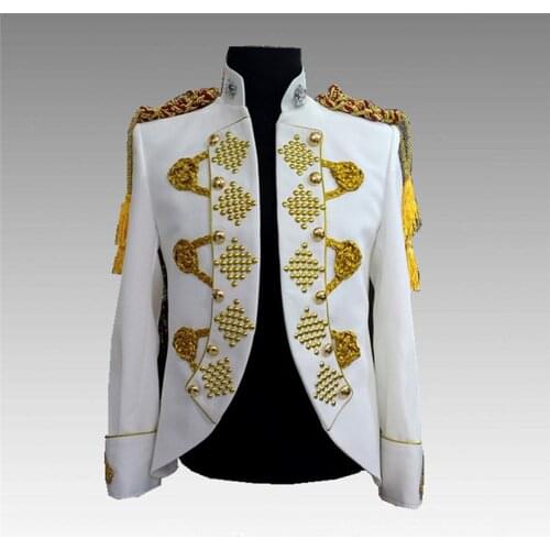 Plus Size Mens White Jacket Performance Stage Costume Fashion Beaded Blazer Stand Collar Court Style Suit
