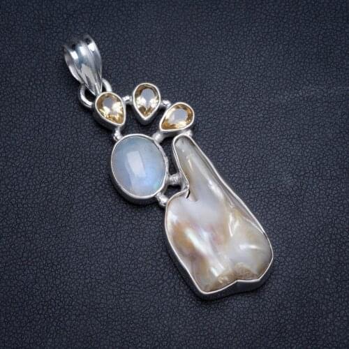 Natural Biwa Pearl,Moonstone and Citrine Handmade Unique 925 Sterling Silver Pendant 2" X0147