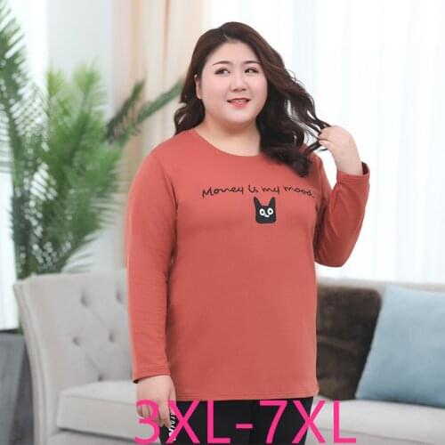 New autumn winter plus size tops for women long sleeve cotton thick O neck casual loose T shirt coral red 3XL 4XL 5XL 6XL 7XL
