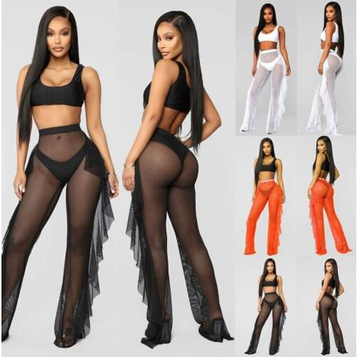 New Style Summer Womens Cover-Ups Mesh Sheer Pant Trousers Bikini Cover Up Solid Ruffle Beach Clubwear Bathing Fashion Hot 2019