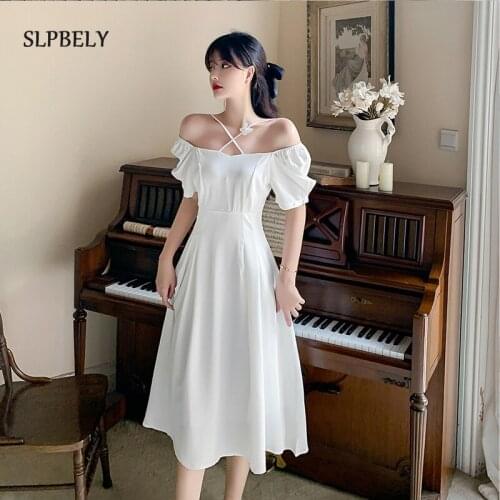 SLPBELY Butterfly Halter Midi Party Dress For Women Summer Sexy Spaghetti Strap Puff Sleeve Club Dress Vacation Dress Vestido