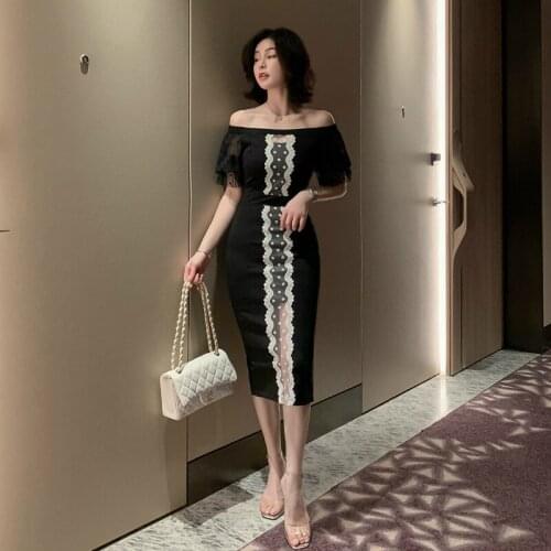 Slash Neck French Style Wrap Midi Dress Ladies Corset Short Sleeve Off Shoulder Black Dress Women 2020 Summer Dress Plus Size