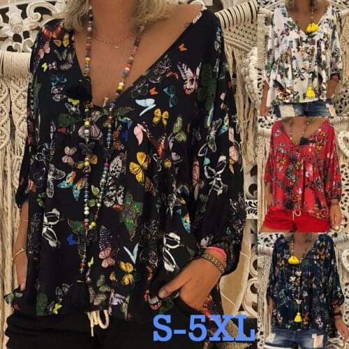 S-5XL Vintage Butterfly Print Bohemian Blouse Shirt 2021 Casual V-Neck Long Sleeve Blouses Plus Size Women Loose Tops