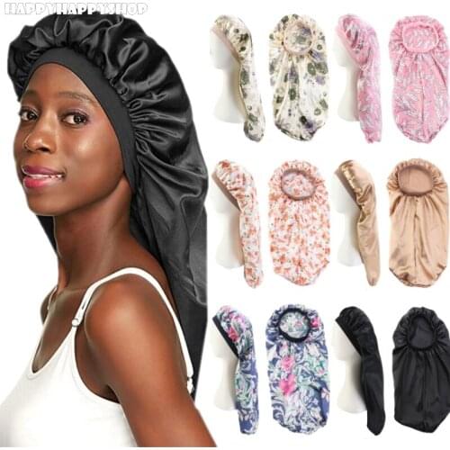 Women Elastic Wide Edge Print Bonnet Hair Care Turban Cap Headwrap Long Cylindrical Night Sleep Hat Chemo Unisex Adult Headwear