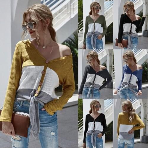 Women Rib Knitted Tops Three-Color Stitching Buttons Lace-Up Breathable Top Ladies Long Sleeve V-Neck Elastic Cardigan T-Shirt