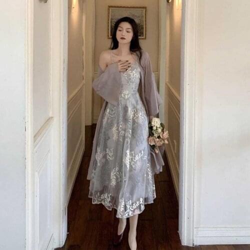 Women Summer Vintage Lace Dress Vestidos French Romantic Silk Floral Elegant Casual Party Gentle Hepburn Kawaii Long Dresses