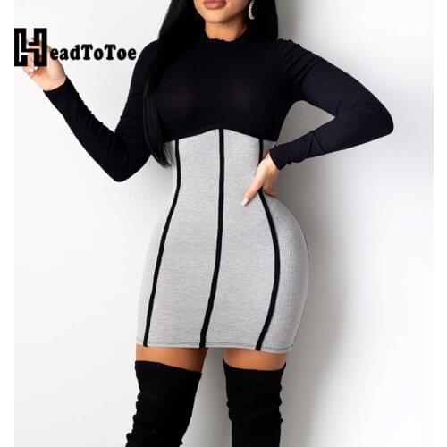 Patchwork Print Elegant Vintage Dress Women Full Sleeve O Neck Mini Slim Bodycon Dress