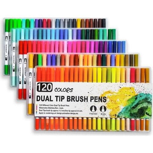 120 Colors Dual Tip Brush Pens Watercolor Art Markers Double Head Fine liner Sketching Drawing Painting Calligraphy Anime Design