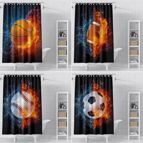 3D Flaming Ball Basketball Bathroom Curtain Waterproof Mildew Proof Shower Curtains Football Bathroom Curtains With Hooks
