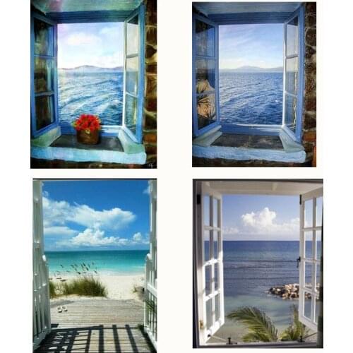 5D DIY Full Square Drill Stone Beautiful Window Scenery Round Diamond Painting Cross Stitch Seaside Scenery Diamant Embroidery