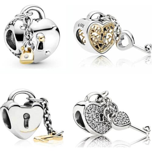 Openwork Two-tone Padlock Key To My Heart Lock With Crystal Beads 925 Sterling Silver Charm Fit Europe Bracelet Diy Jewelry