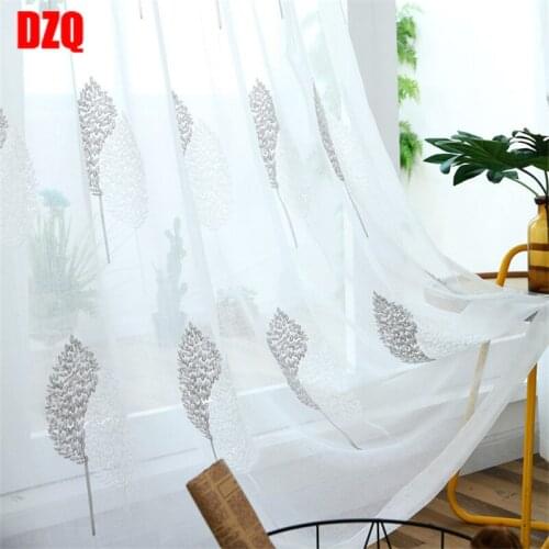 White embroidered tulle curtains for living room bedroom window sheer grey leaves curtain drapes ready made