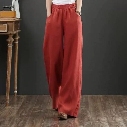 Spring Autumn Women Cotton Linen Pant Elegant Vintage Loose Solid Long Elastic Waist New Fashion Popular Female Trousers M143