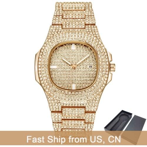 Dropshipping Luxury ICE-Out Bling Diamond Watch Men Gold Hip Hop iced out watch Men Gold Quartz Watches Stainless Steel relogio