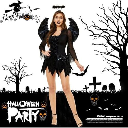 Devil Black Fallen Angel Dress Halloween Costumes for Women Sexy Evil Corset Dresses Adult Female Cosplay Halo Wings Stockings