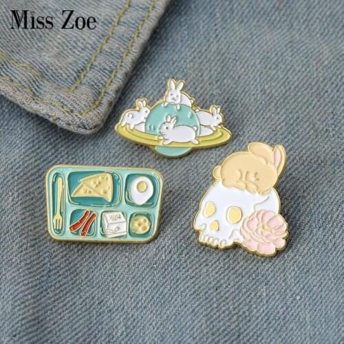 Breakfast Plate Enamel Pins Custom Cute Rabbit Satellite Skull Brooch Lapel Badge Bag Cartoon Jewelry Gift for Kids Friends