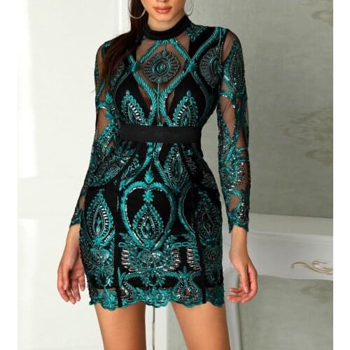 Classic Mock Neck Sequin Long Sleeve Embroidery Mesh Patchwork Irregular Hemline Bandage Mini Sheath Dress
