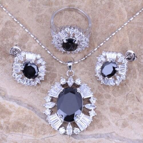 Black Cubic Zirconia White CZ Silver Plated Jewelry Sets Earrings Pendant Ring Size 5 / 6 / 7 / 8 / 9 / 10 S0026