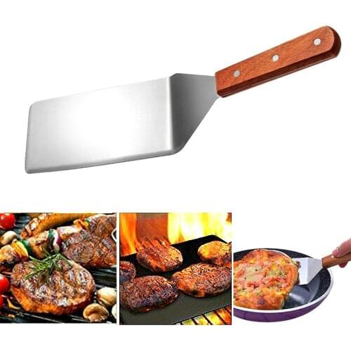 Kitchen Spatula Wood Handle Grill Turner Stainless Steel Metal Scraping For Pancake Teppanyaki Hibachi Baking Tray Cookware