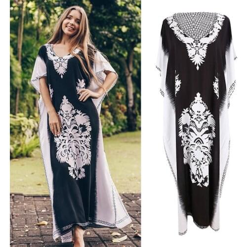2020 Bohemian Printed Summer Beach Dress Cotton Tunic Women Plus Size Beachwear Loose Chiffon Kaftan SwimSuit Bikini Cover Up
