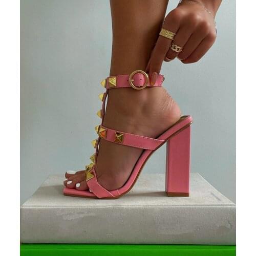 Fashionable T Shape Square Toe Gold Rivet Ankle Round Buckle Thick Heel Summer Women Shoes Sandals Ladies 2021 Size 35-42