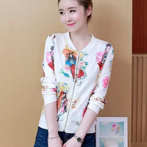 Fashion Ladies Retro Floral Zipper Up Bomber Jacket Women Basic Coat Casual Outwear Baseball Jacket Pocket Outwear HC065